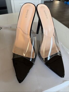 SHEIN Black Patent Pointed-Toe Clear Strap Mule Heels